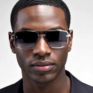 Sunglasses Men Silver Gold Accents Square Frame Fashion Shades Trendy Lentes New